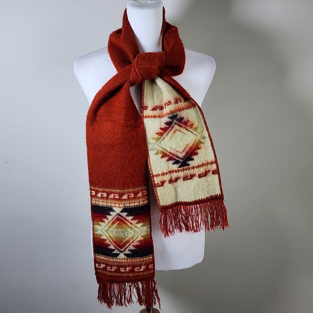 Southwestern Aztec Scarf Rust Orange Tribal Fringe Winter Cozy Woven Western